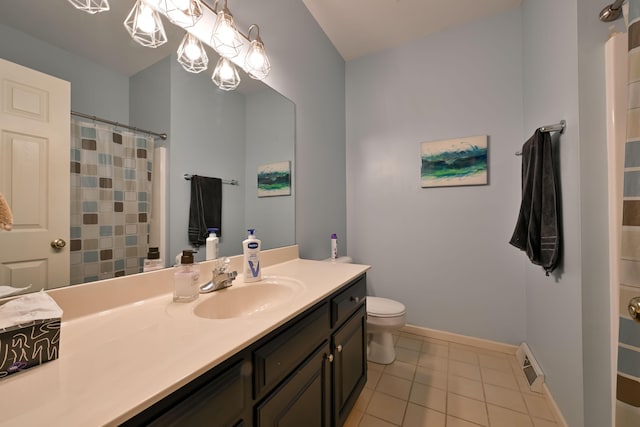 full bath with visible vents, toilet, vanity, tile patterned flooring, and baseboards