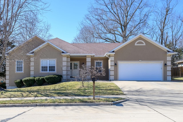 single story home with a garage, fence, concrete driveway, stucco siding, and a front lawn