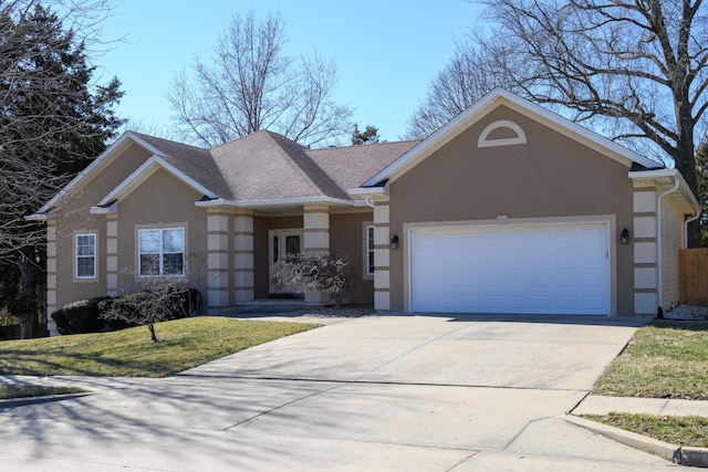 single story home featuring a garage, driveway, roof with shingles, and stucco siding