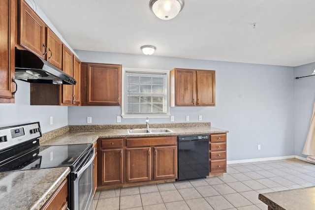 kitchen featuring light tile patterned floors, black dishwasher, electric range, under cabinet range hood, and a sink