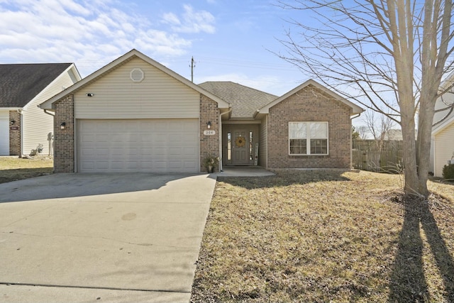 single story home featuring an attached garage, roof with shingles, concrete driveway, and brick siding