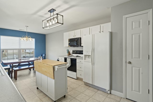 kitchen featuring hanging light fixtures, white cabinets, wood counters, a chandelier, and white appliances