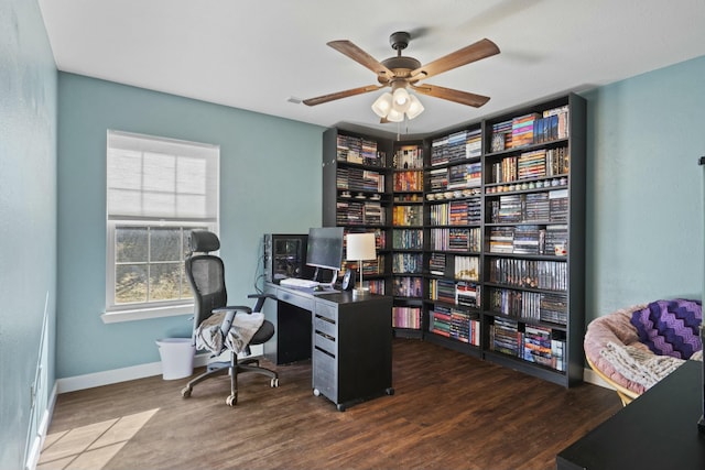 office with ceiling fan, baseboards, and wood finished floors