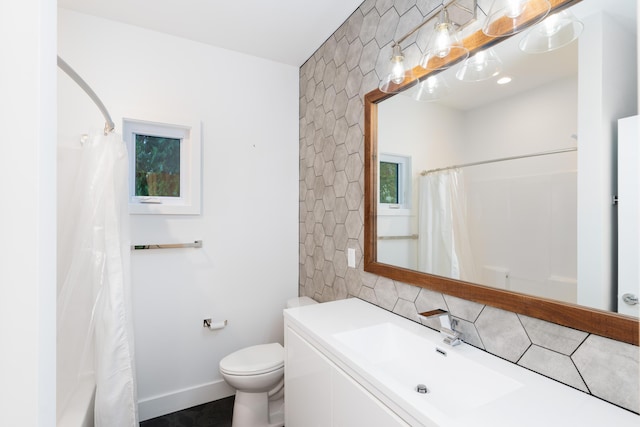 bathroom featuring tasteful backsplash, a shower with curtain, tile walls, and toilet