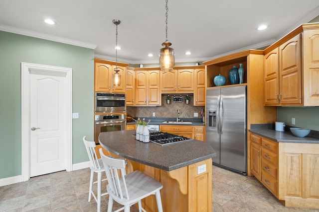 kitchen featuring a center island, open shelves, stainless steel appliances, dark countertops, and a sink