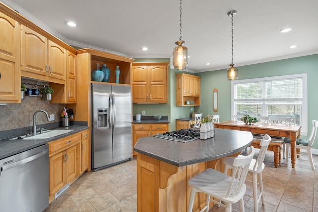 kitchen featuring open shelves, appliances with stainless steel finishes, dark countertops, and a sink