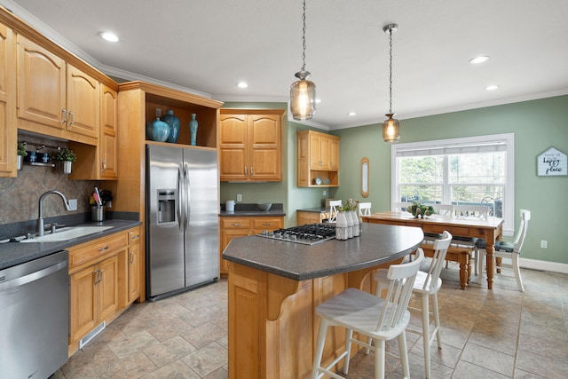 kitchen with a sink, appliances with stainless steel finishes, a center island, open shelves, and tasteful backsplash