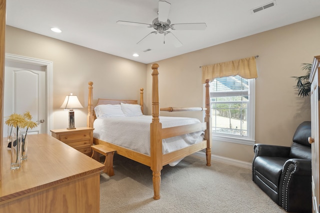 bedroom with recessed lighting, visible vents, light carpet, ceiling fan, and baseboards