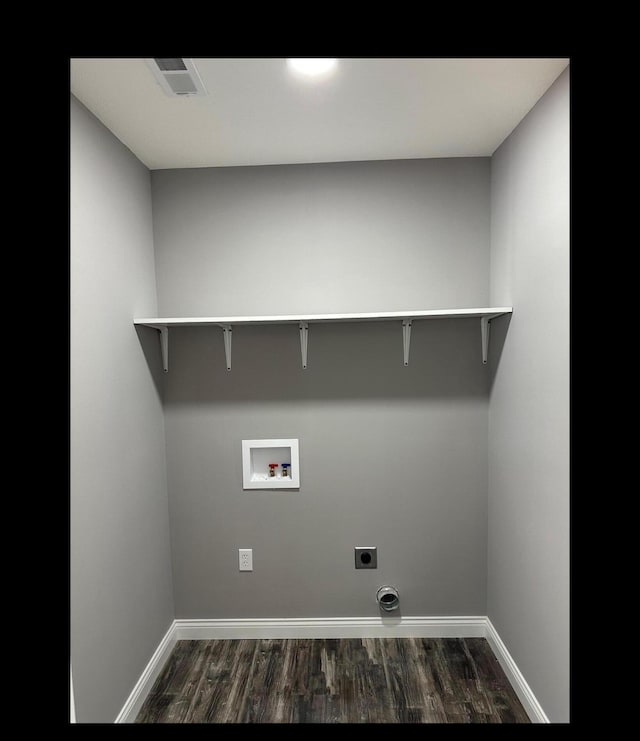 washroom featuring laundry area, visible vents, dark wood-type flooring, hookup for a washing machine, and hookup for an electric dryer