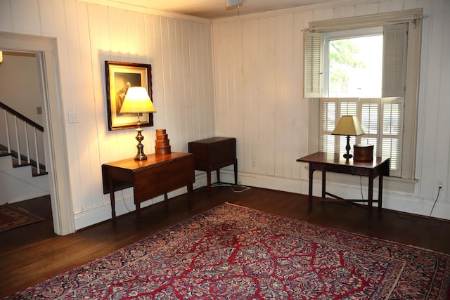408 N Church St, Fayette, MO 65248 - living area with dark wood-style floors, stairs, and crown molding