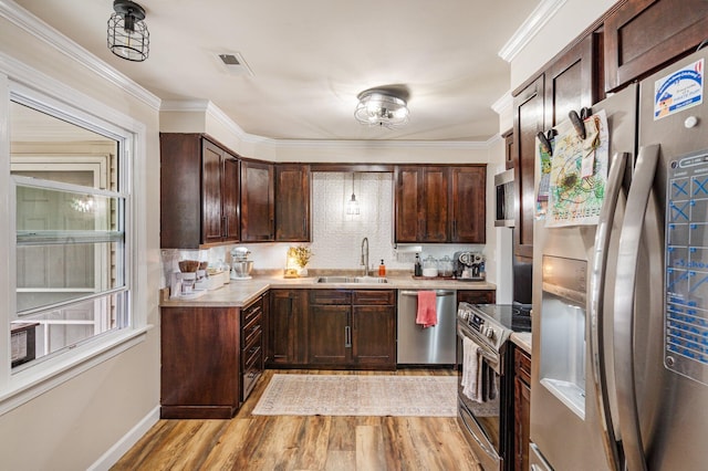 kitchen featuring a sink, light wood-style floors, light countertops, appliances with stainless steel finishes, and dark brown cabinets