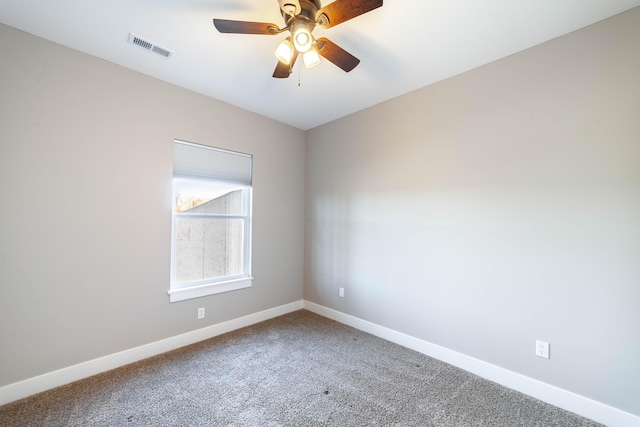 unfurnished room featuring visible vents, a ceiling fan, carpet, and baseboards