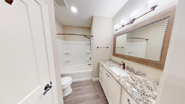 bathroom featuring shower / bathtub combination, visible vents, toilet, wood tiled floor, and vanity