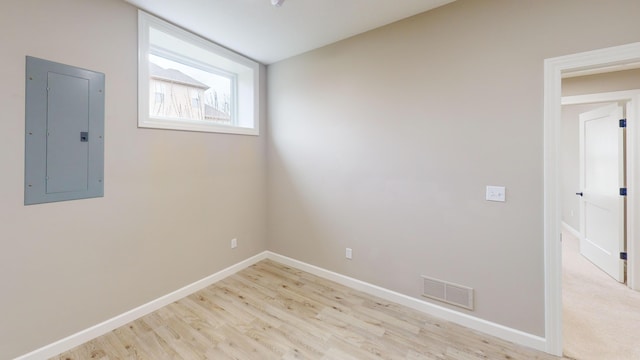 unfurnished room with electric panel, visible vents, and baseboards