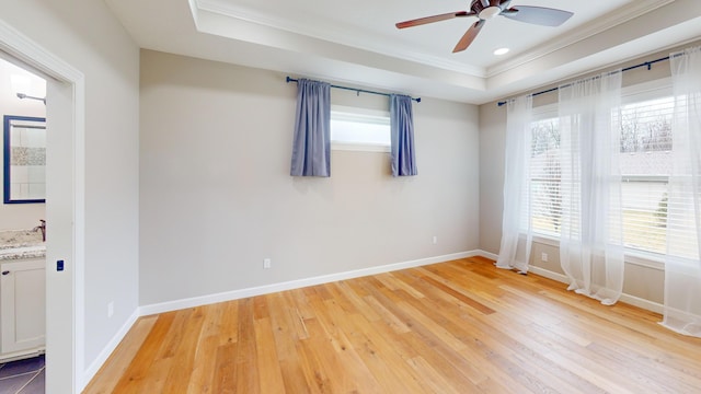 spare room featuring ornamental molding, light wood-type flooring, a raised ceiling, and a healthy amount of sunlight