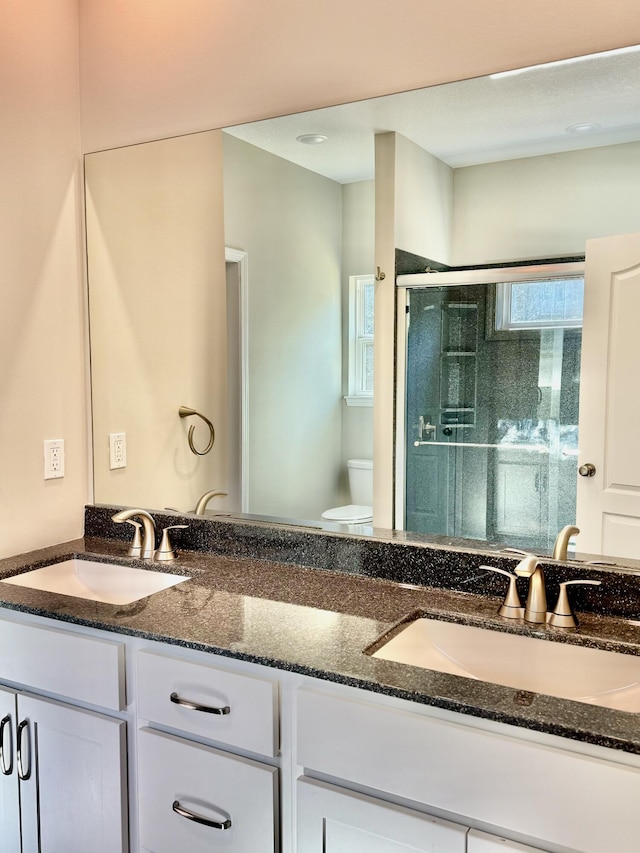 full bathroom with toilet, a shower stall, double vanity, and a sink