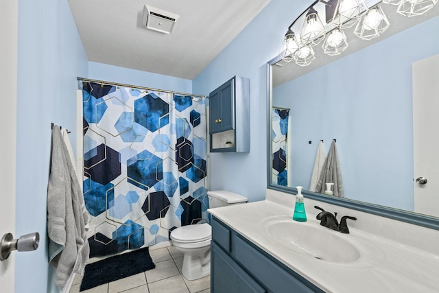 full bath featuring curtained shower, vanity, toilet, and tile patterned floors