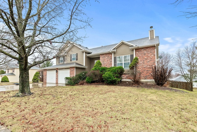 view of front of house with brick siding, a chimney, an attached garage, driveway, and a front lawn