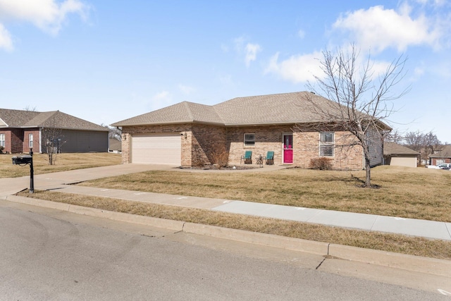 single story home with a shingled roof, concrete driveway, an attached garage, a front yard, and brick siding