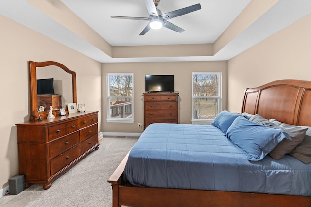 bedroom featuring light colored carpet, a raised ceiling, and multiple windows