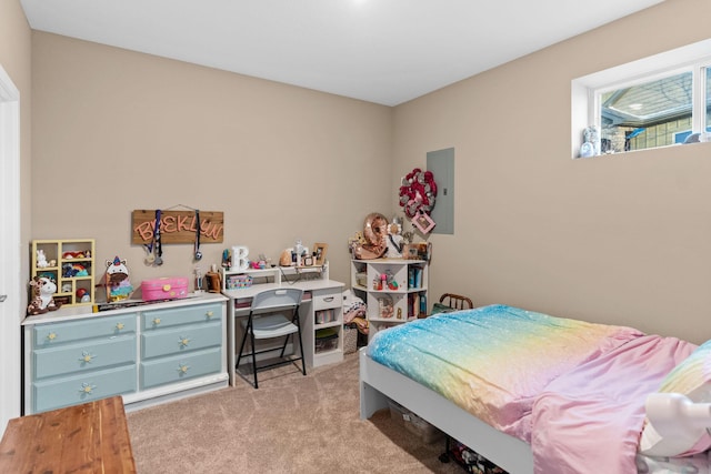 bedroom with electric panel and light colored carpet