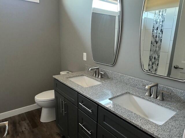 bathroom with wood finished floors, a sink, toilet, and baseboards