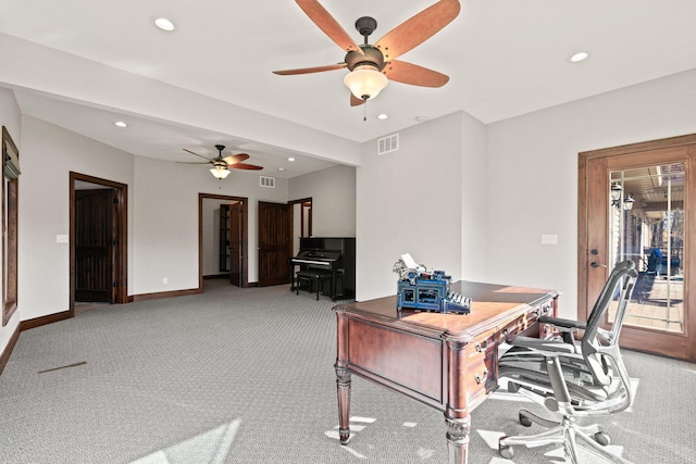 office with recessed lighting, visible vents, baseboards, and light carpet