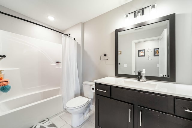 full bath with shower / tub combo with curtain, visible vents, toilet, vanity, and tile patterned flooring