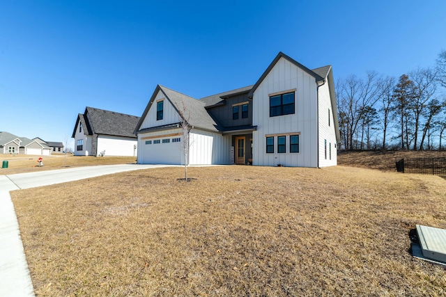 modern farmhouse style home featuring a garage, roof with shingles, board and batten siding, and concrete driveway