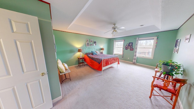 bedroom featuring carpet floors, a raised ceiling, and baseboards