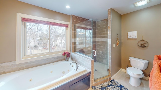 full bathroom with toilet, baseboards, a shower stall, tile patterned floors, and a tub with jets