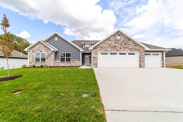 craftsman-style house with a garage, driveway, a front lawn, and board and batten siding