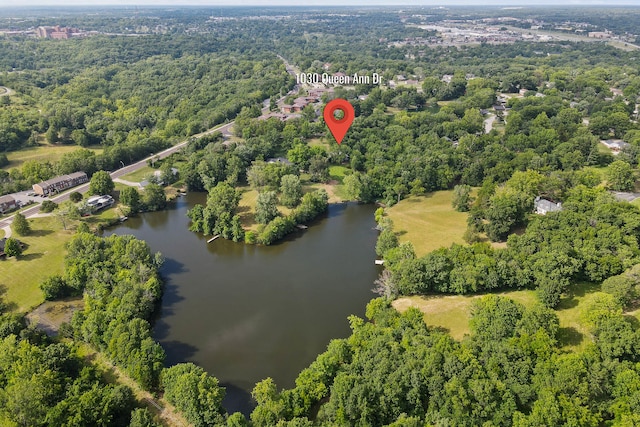 bird's eye view with a forest view and a water view