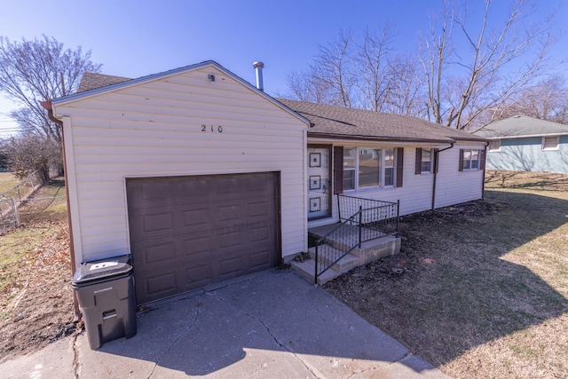 single story home with driveway, an attached garage, roof with shingles, and fence