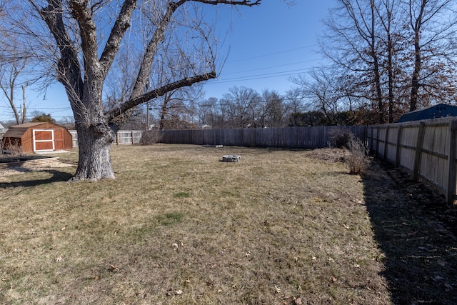 view of yard with a storage shed, a fenced backyard, and an outdoor structure