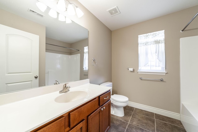 full bathroom featuring visible vents, toilet, vanity, and tile patterned flooring