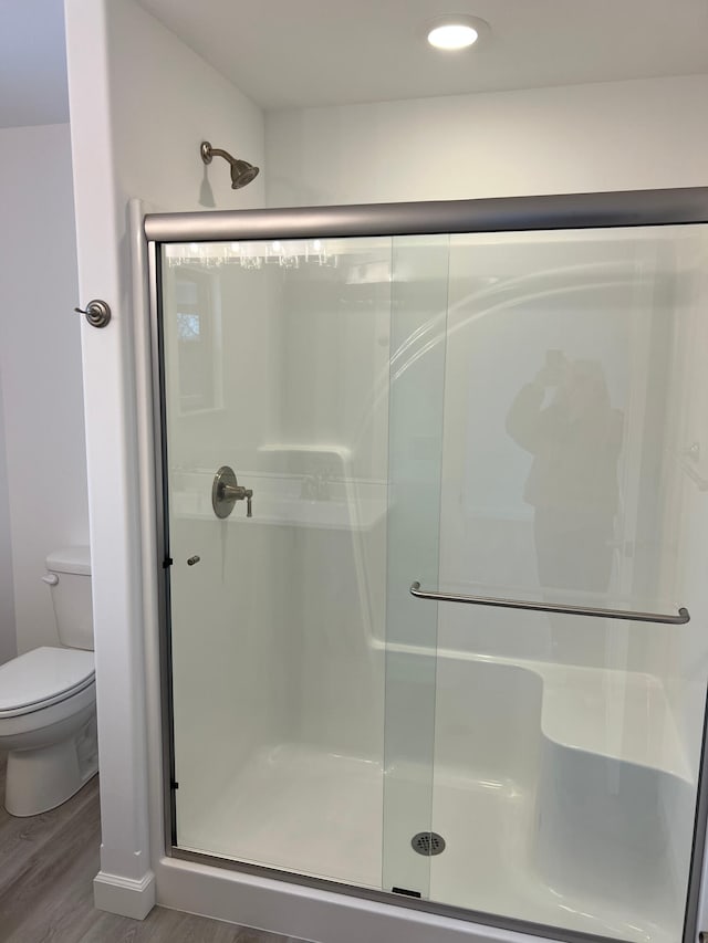 bathroom with a shower stall, toilet, and wood finished floors