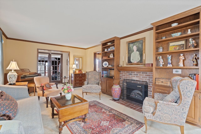 living room featuring light carpet, ornamental molding, and a fireplace