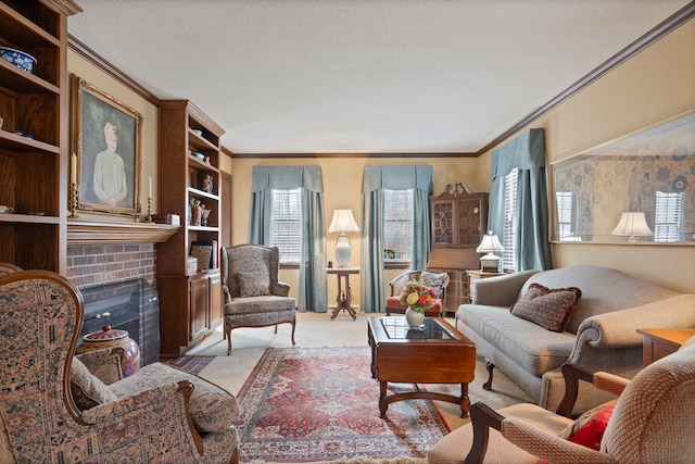 carpeted living room with a textured ceiling, ornamental molding, and a fireplace