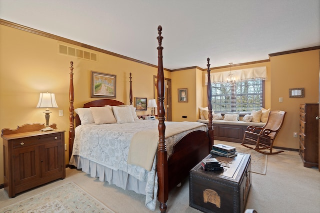 bedroom featuring light carpet, visible vents, a notable chandelier, and ornamental molding