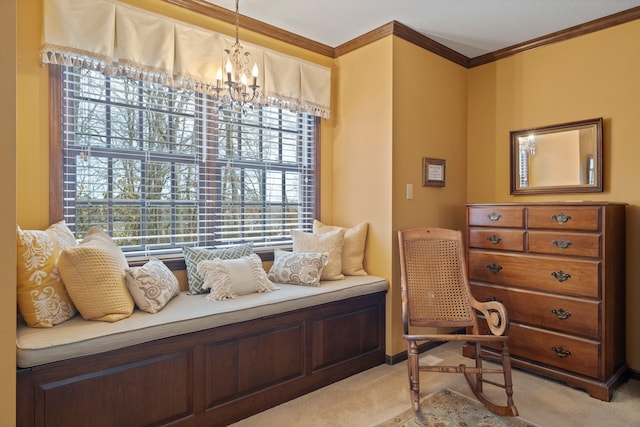 sitting room with light colored carpet, a chandelier, and ornamental molding