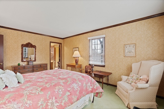 carpeted bedroom with wallpapered walls, baseboards, and ornamental molding