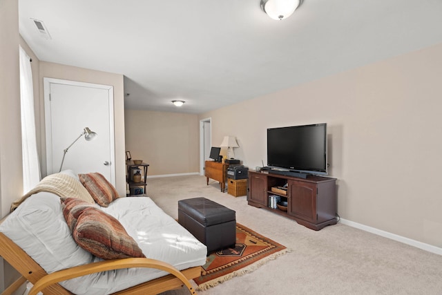 living room featuring light carpet, visible vents, and baseboards