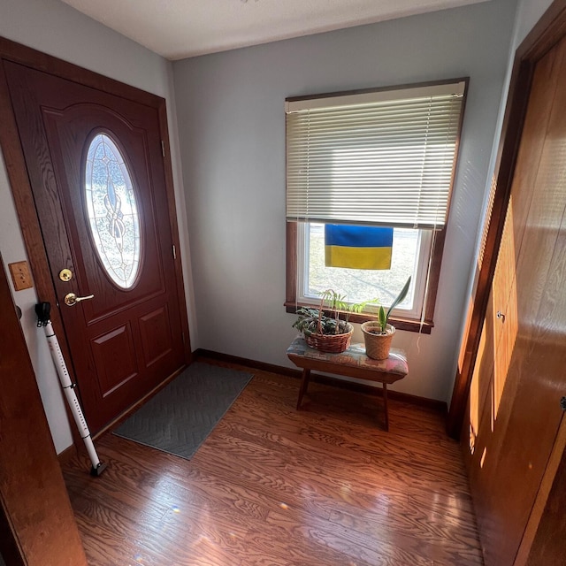 foyer entrance featuring wood finished floors and baseboards