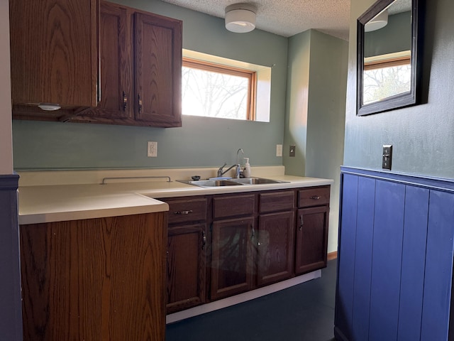 kitchen featuring a textured ceiling, light countertops, plenty of natural light, and a sink