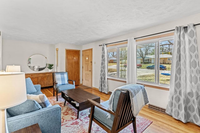 living room with baseboards and light wood-style floors