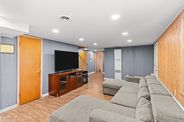 living area featuring visible vents, recessed lighting, stairway, light wood finished floors, and baseboards