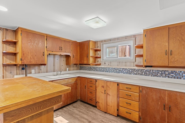 kitchen featuring open shelves, light countertops, and a sink