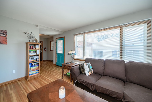 living room with baseboards and light wood-style flooring