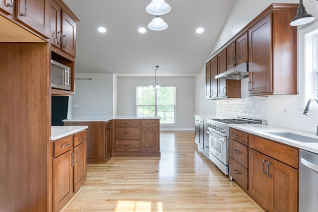 kitchen with under cabinet range hood, decorative backsplash, light wood-style flooring, stainless steel appliances, and a sink